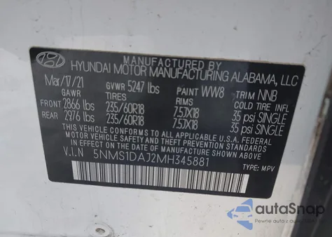 2021 Hyundai Santa Fe Se z USA, uszkodzony, nr VIN 5NMS1DAJ2MH345881
